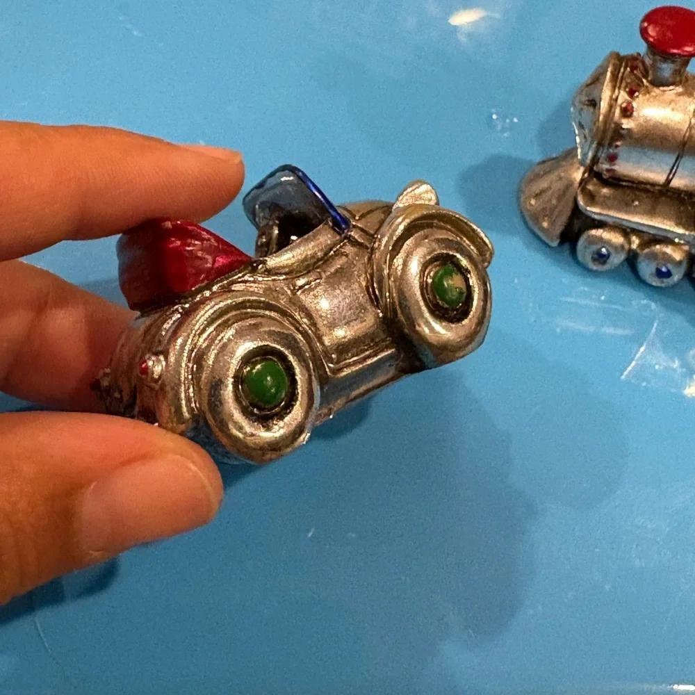 Vintage Christmas Ornaments Little 2” Convertible Car & Train Made of Metal